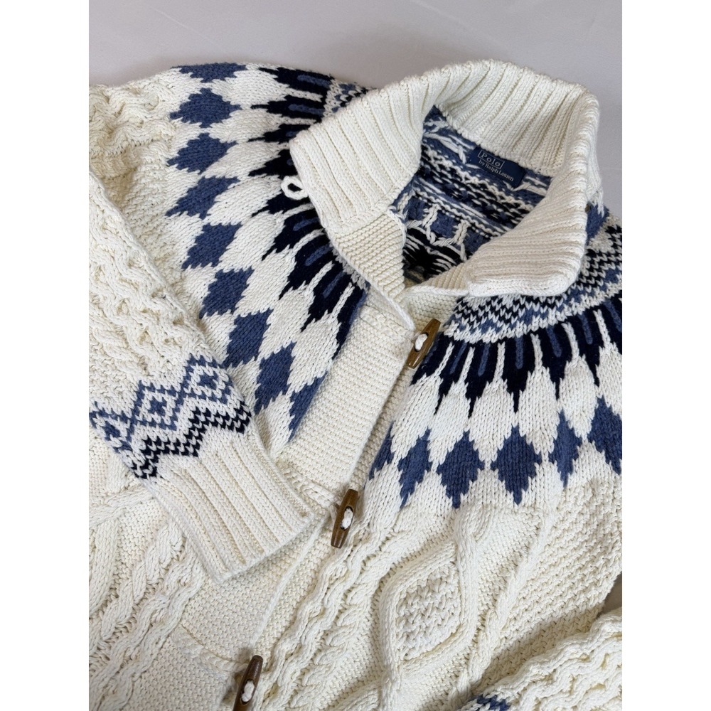Polo Ralph Lauren Fair Isle Toggle Cardigan Ivory Cable Knit Nordic Sweater Sz S - Picture 2 of 9